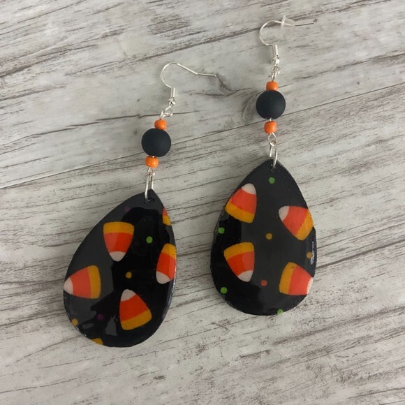 Candy Corn Earrings Black Orange Tear Drop Dangle Beaded French Wire Silver - Picture 3 of 9